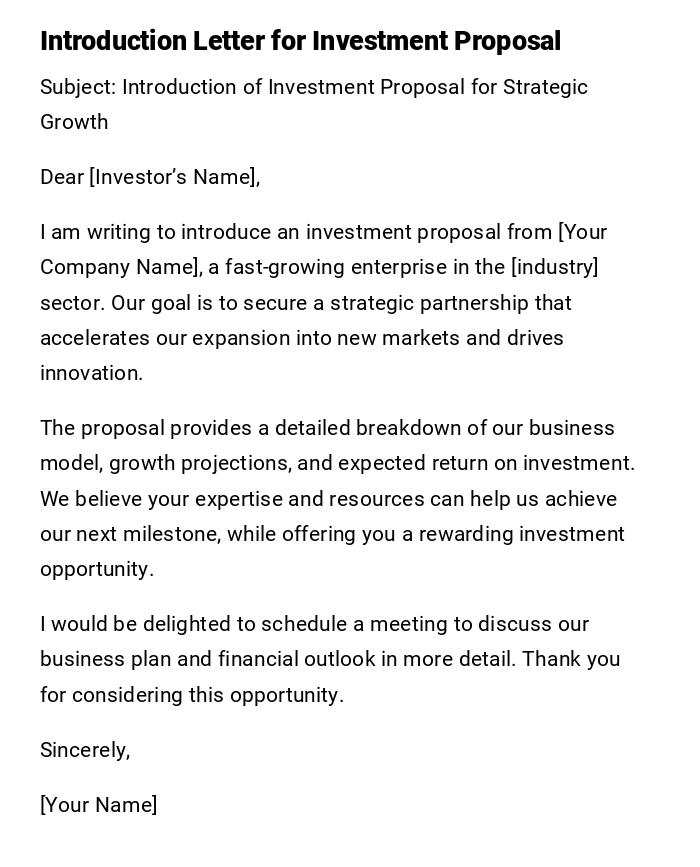 Introduction Letter for Investment Proposal Introduction Letter for Investment Proposal