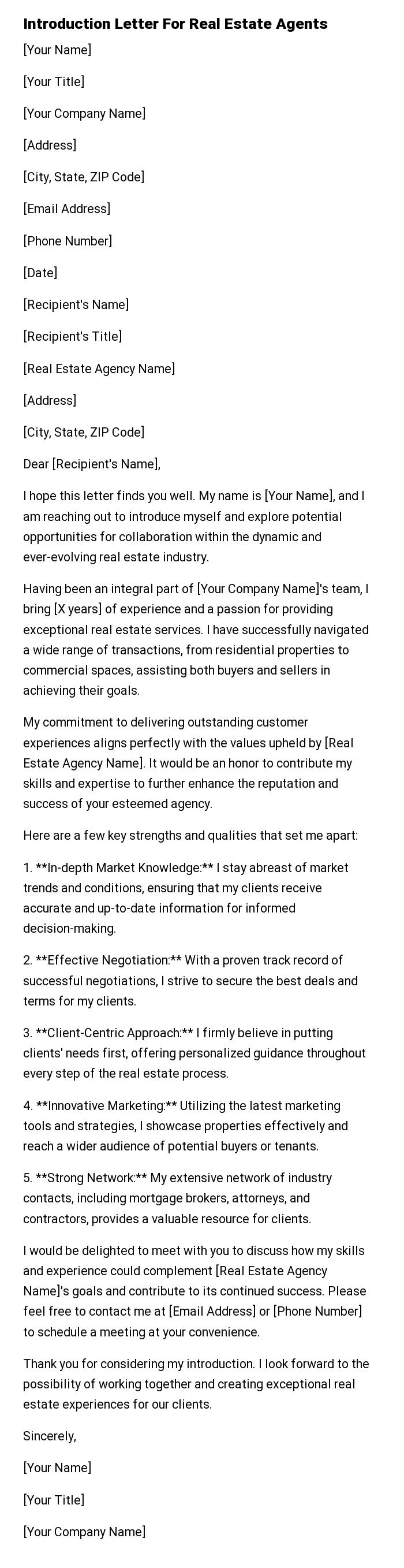 Introduction Letter For Real Estate Agents
