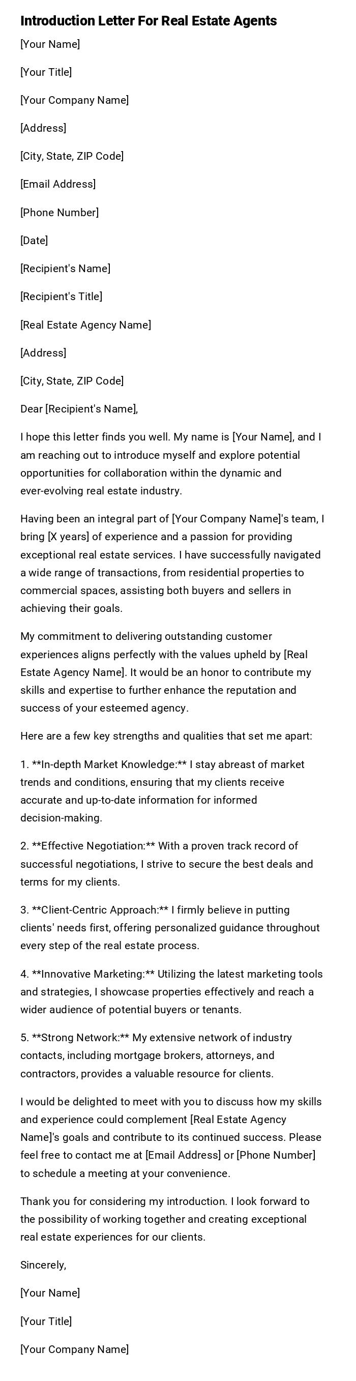 Introduction Letter For Real Estate Agents