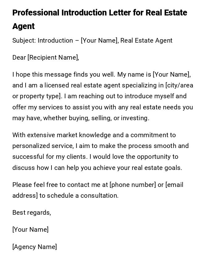 Professional Introduction Letter for Real Estate Agent Professional Introduction Letter for Real Estate Agent