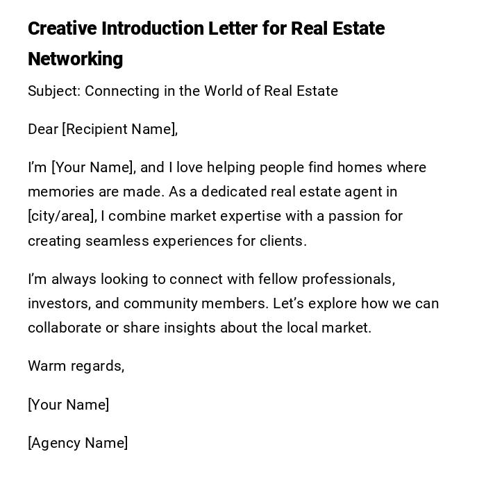 Creative Introduction Letter for Real Estate Networking Creative Introduction Letter for Real Estate Networking