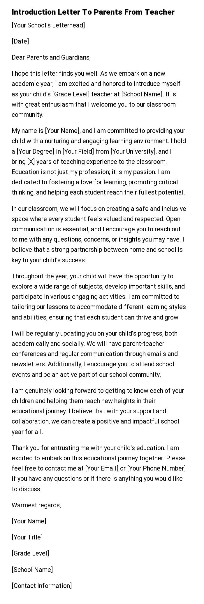 Introduction Letter To Parents From Teacher