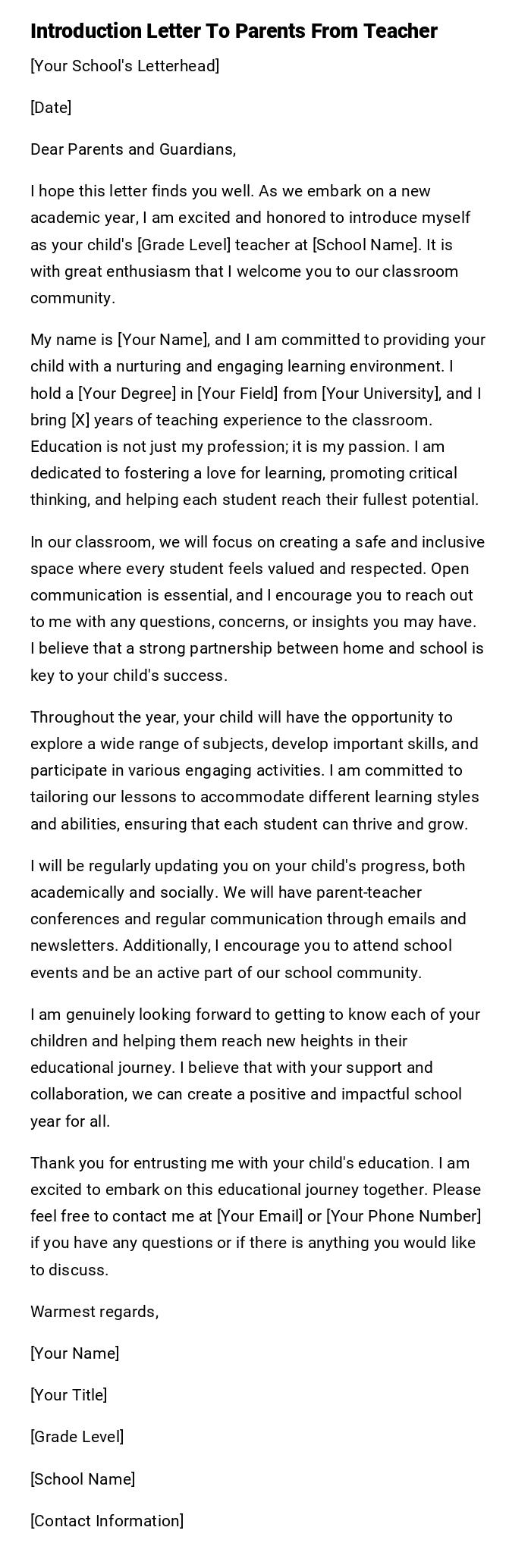 Introduction Letter To Parents From Teacher