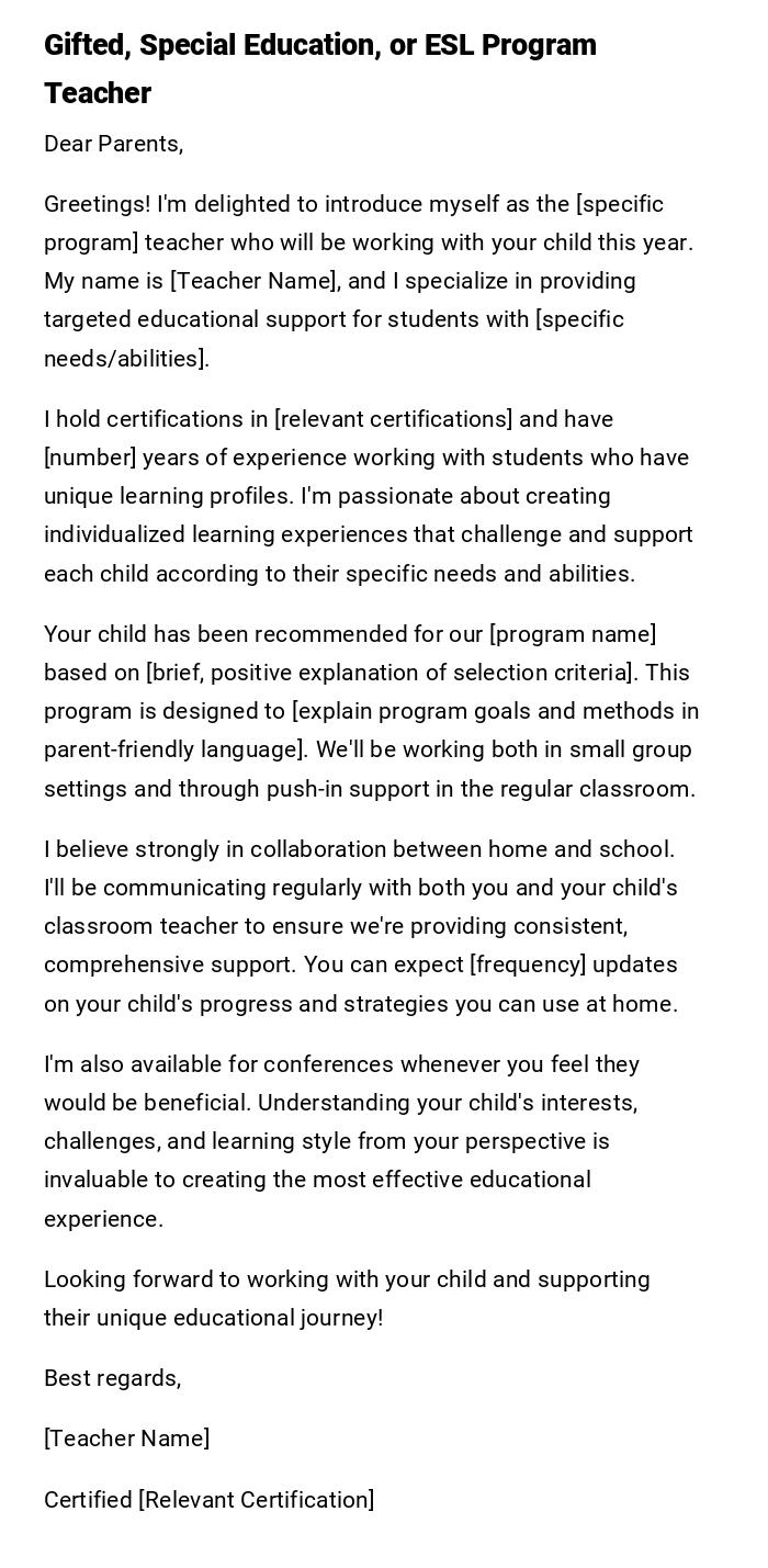 Gifted, Special Education, or ESL Program Teacher Gifted, Special Education, or ESL Program Teacher
