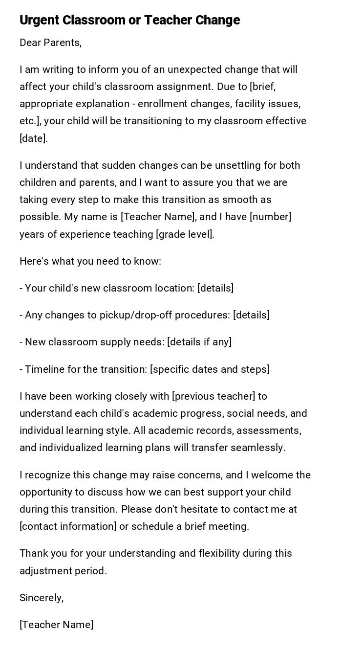 Urgent Classroom or Teacher Change Urgent Classroom or Teacher Change