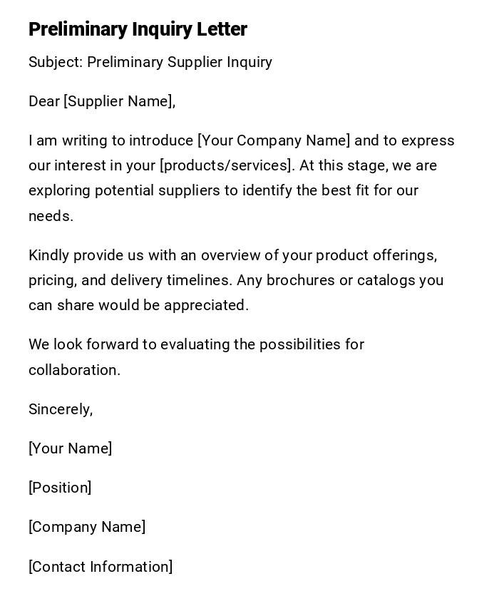 Preliminary Inquiry Letter Preliminary Inquiry Letter