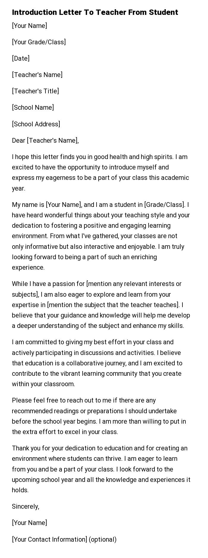 Introduction Letter To Teacher From Student