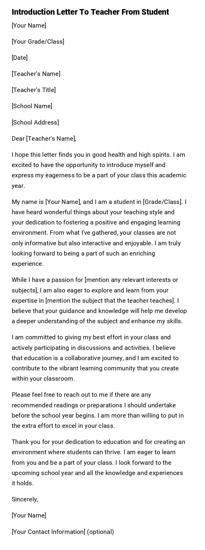 Introduction Letter To Teacher From Student