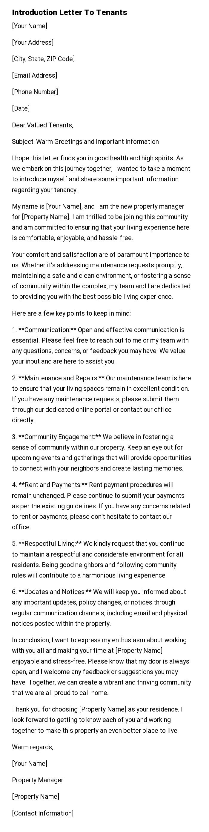 Introduction Letter To Tenants