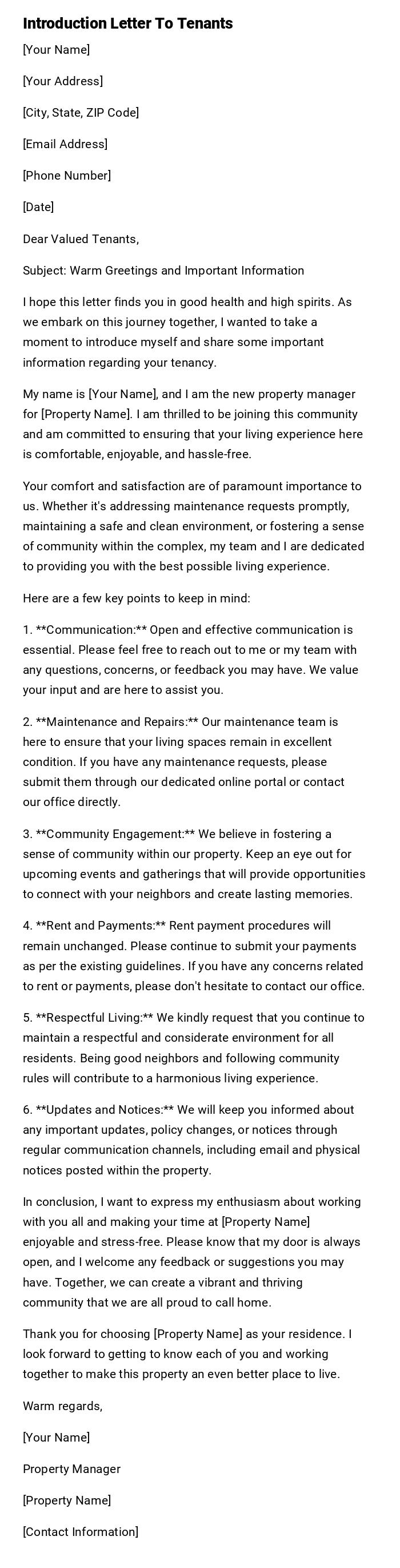 Introduction Letter To Tenants