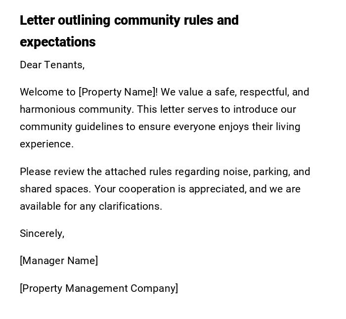 Letter outlining community rules and expectations Letter outlining community rules and expectations