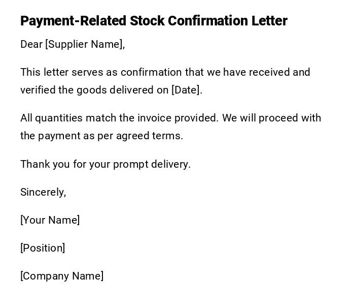 Payment-Related Stock Confirmation Letter