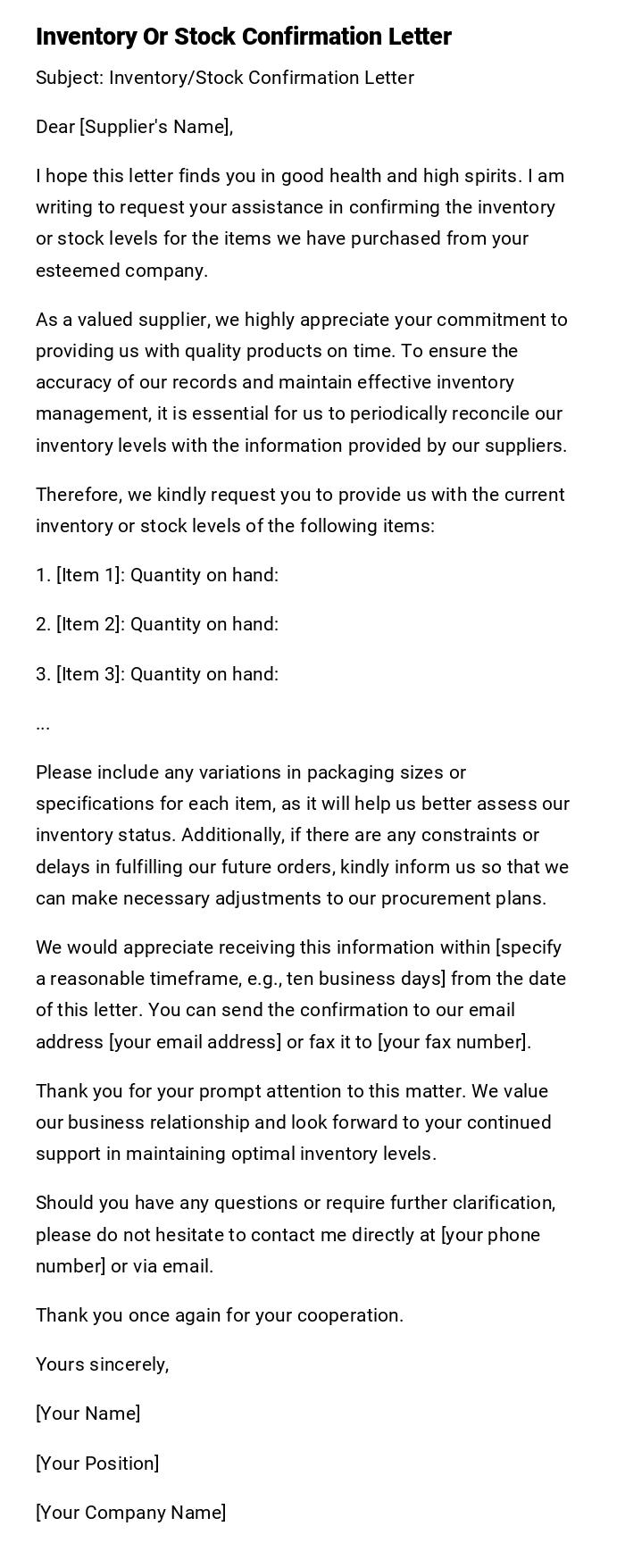 Inventory Or Stock Confirmation Letter