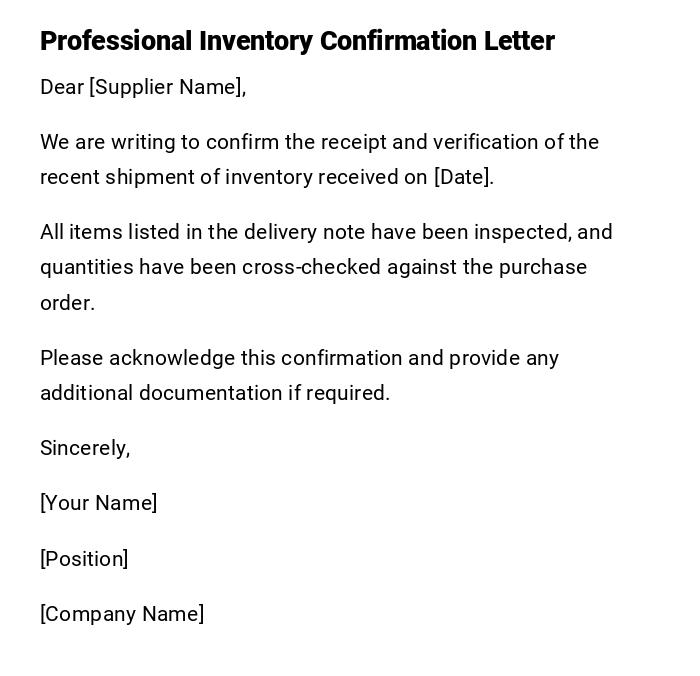 Professional Inventory Confirmation Letter