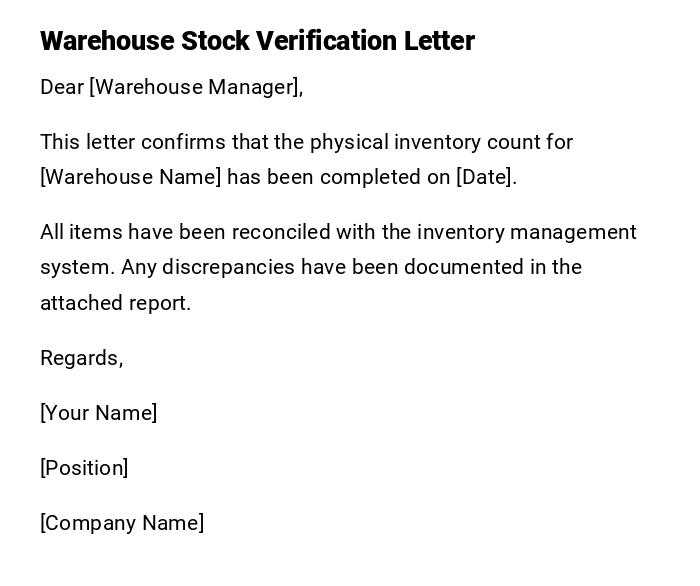 Warehouse Stock Verification Letter