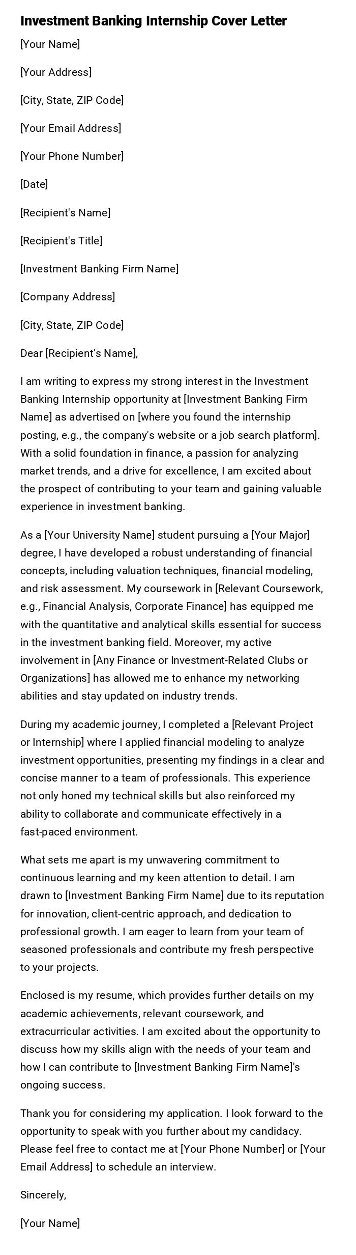 Investment Banking Internship Cover Letter