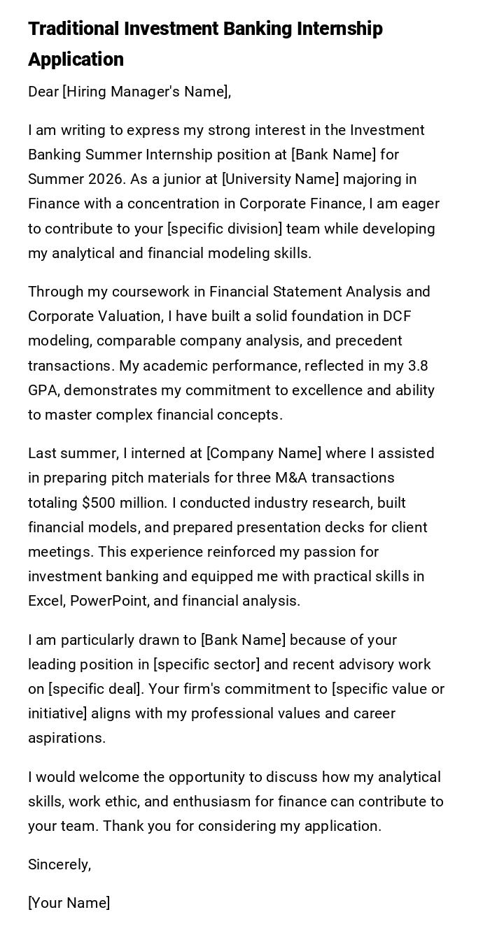 Traditional Investment Banking Internship Application Traditional Investment Banking Internship Application