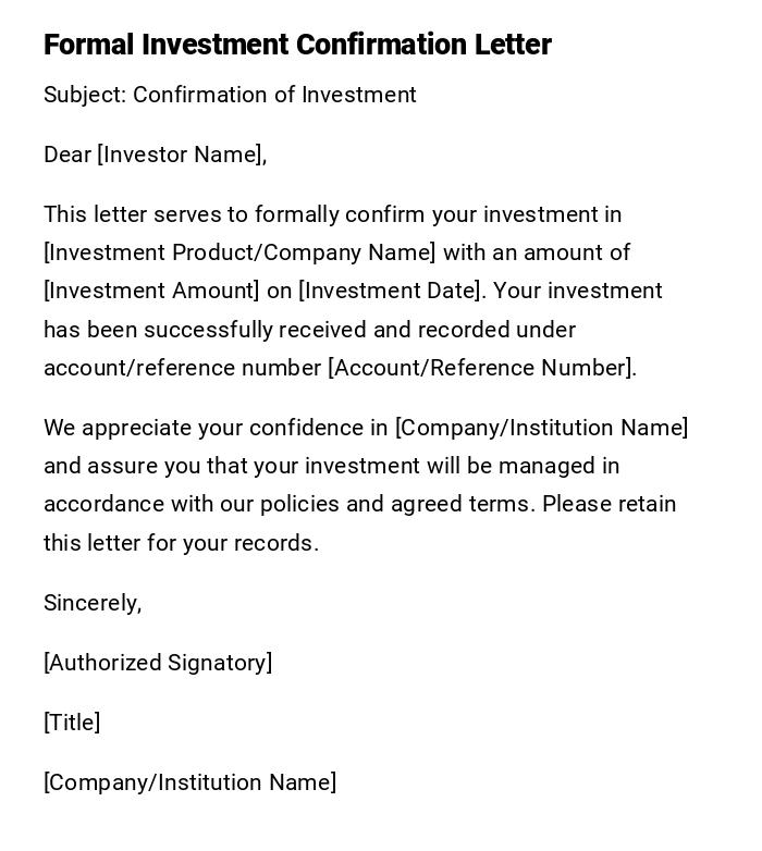 Formal Investment Confirmation Letter