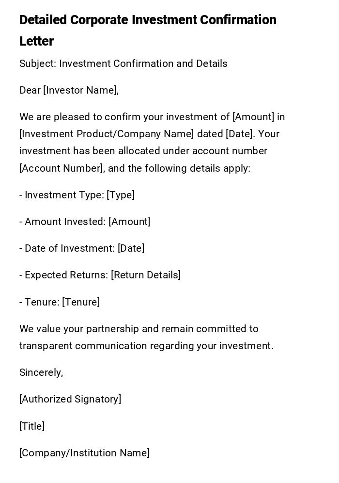 Detailed Corporate Investment Confirmation Letter