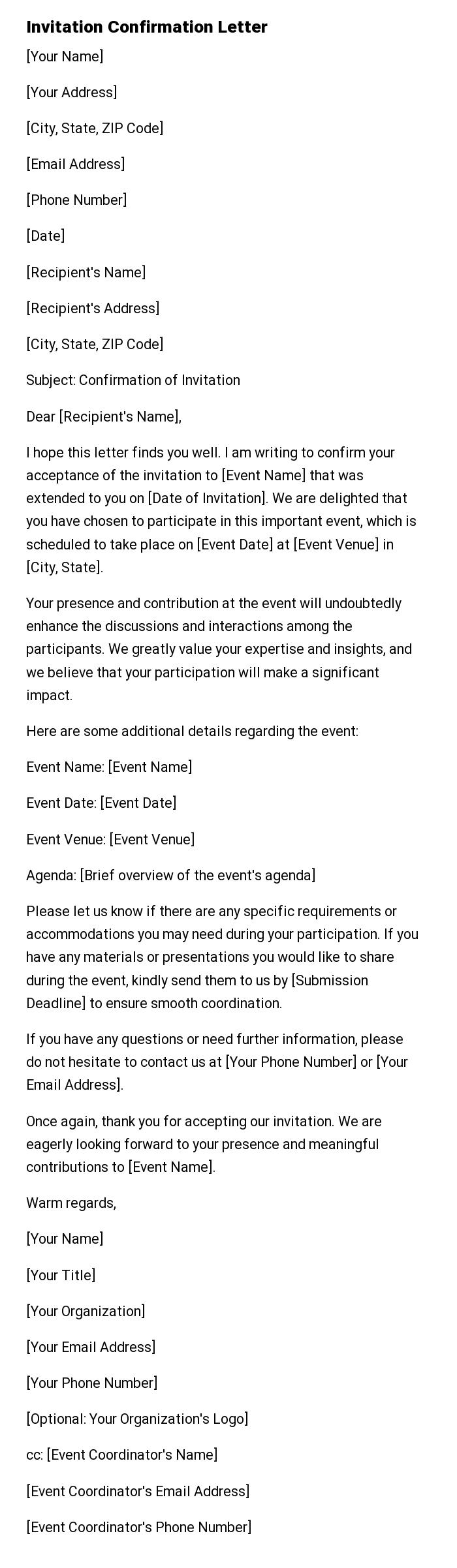 Invitation Confirmation Letter