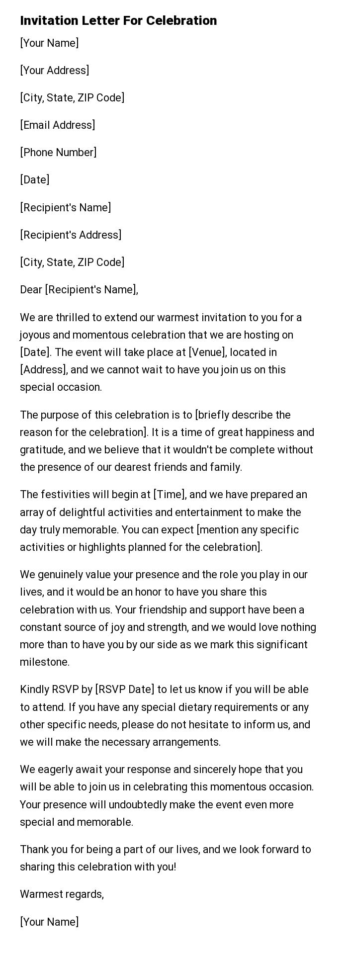 Invitation Letter For Celebration