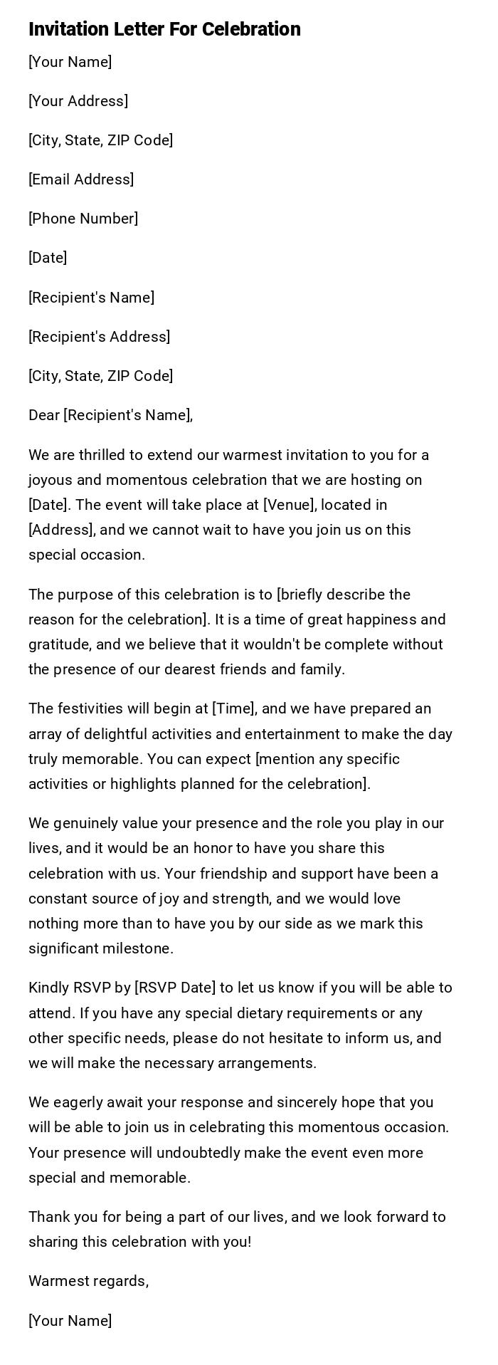 Invitation Letter For Celebration