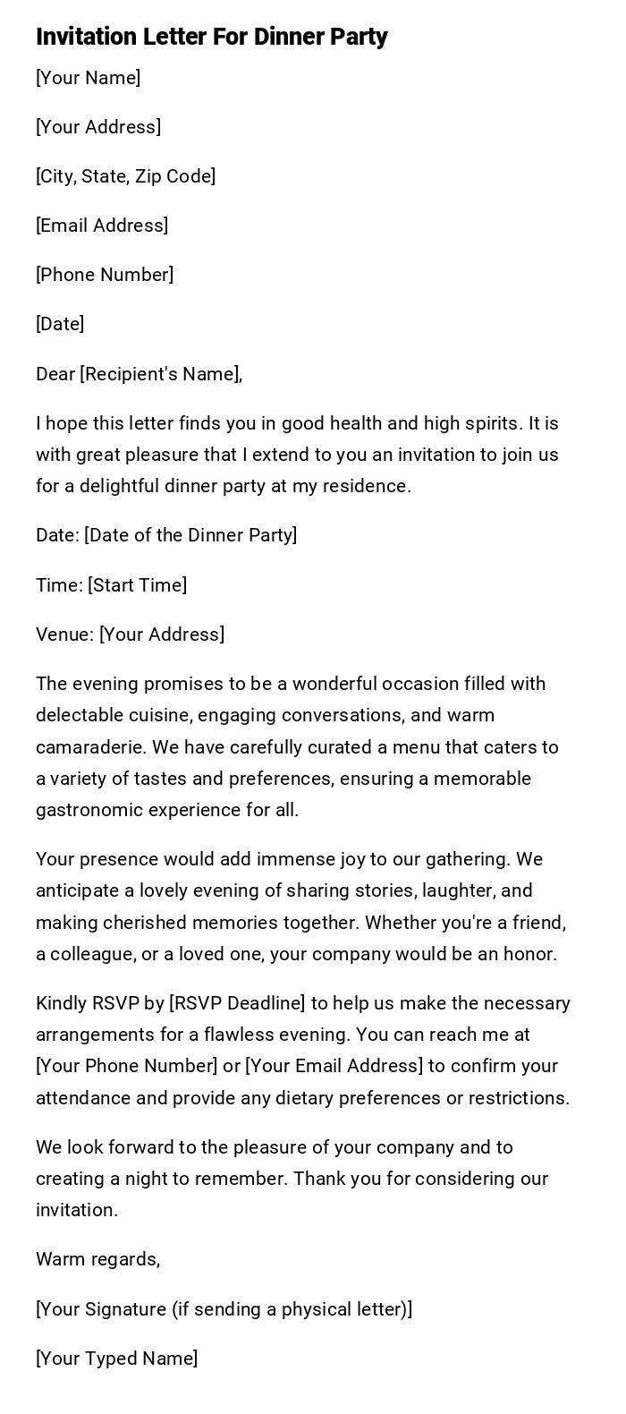 Invitation Letter For Dinner Party