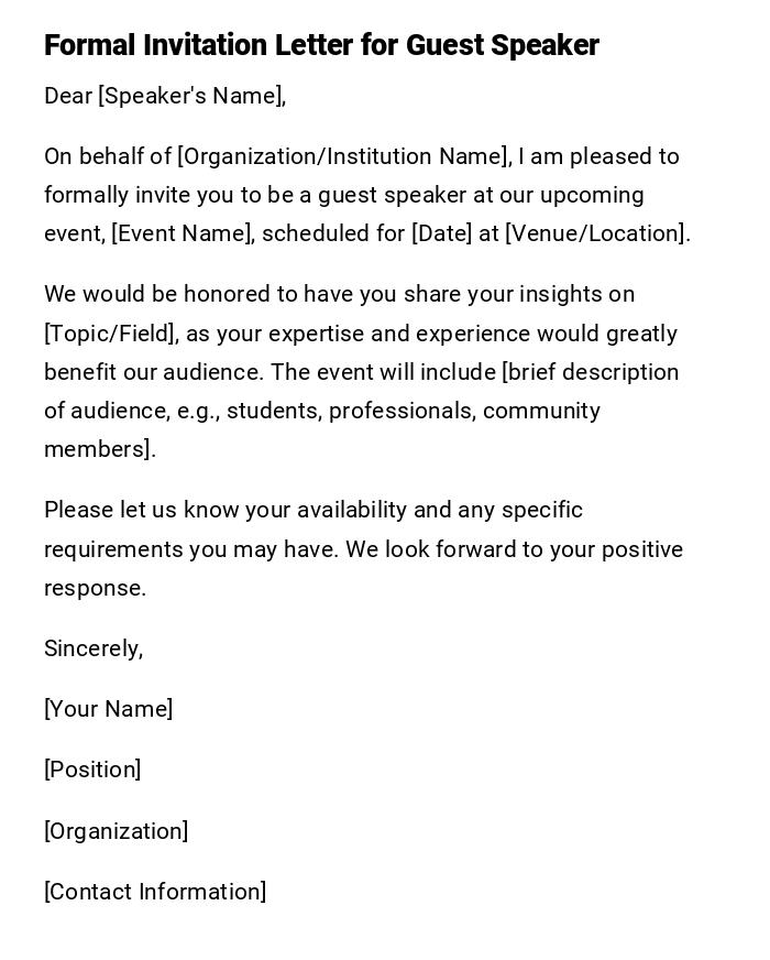 Formal Invitation Letter for Guest Speaker Formal Invitation Letter for Guest Speaker