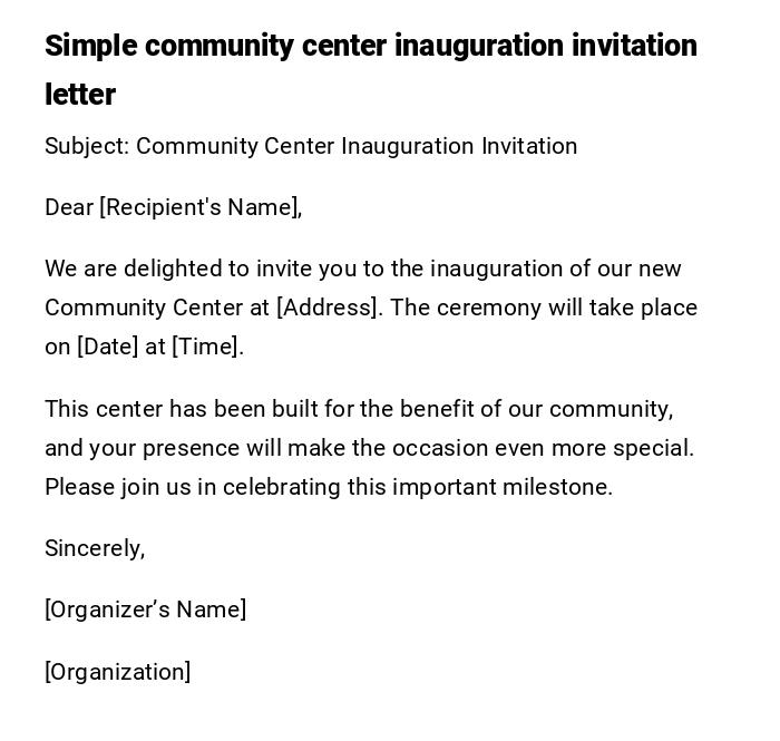 Simple community center inauguration invitation letter