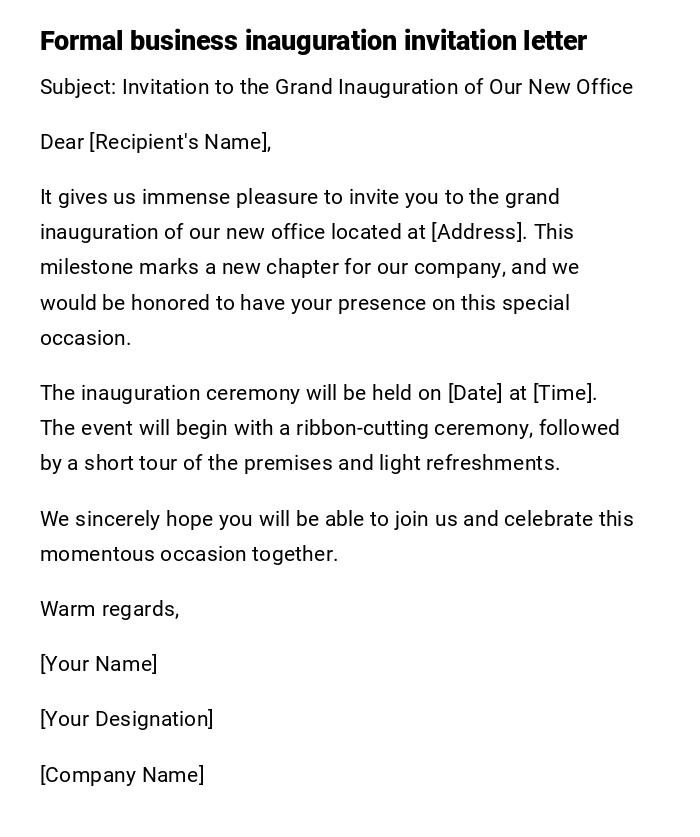 Formal business inauguration invitation letter