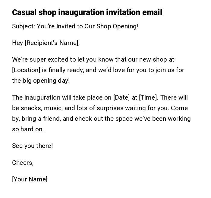 Casual shop inauguration invitation email
