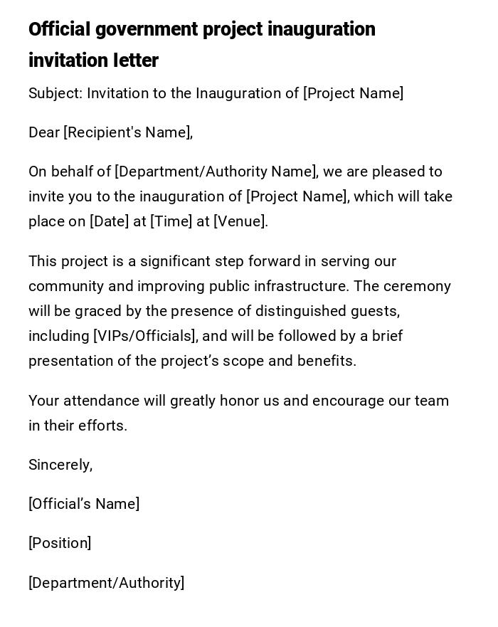 Official government project inauguration invitation letter