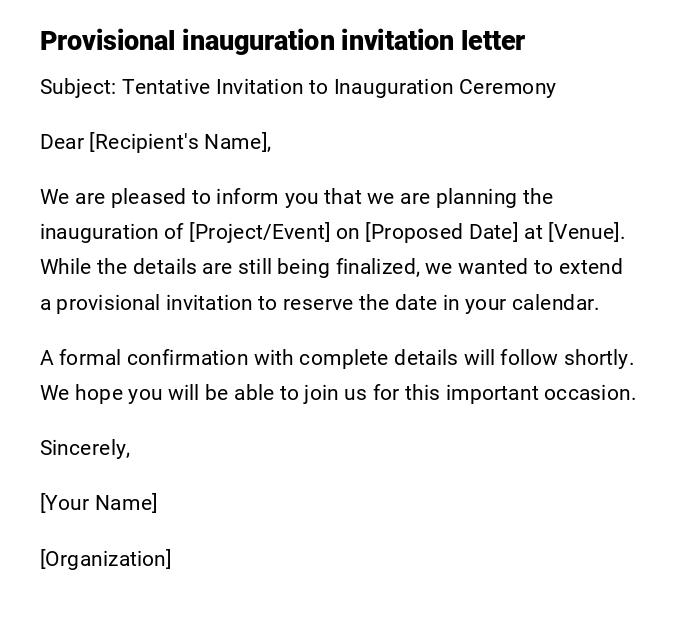 Provisional inauguration invitation letter
