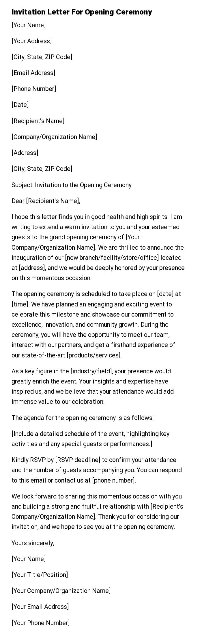 Invitation Letter For Opening Ceremony
