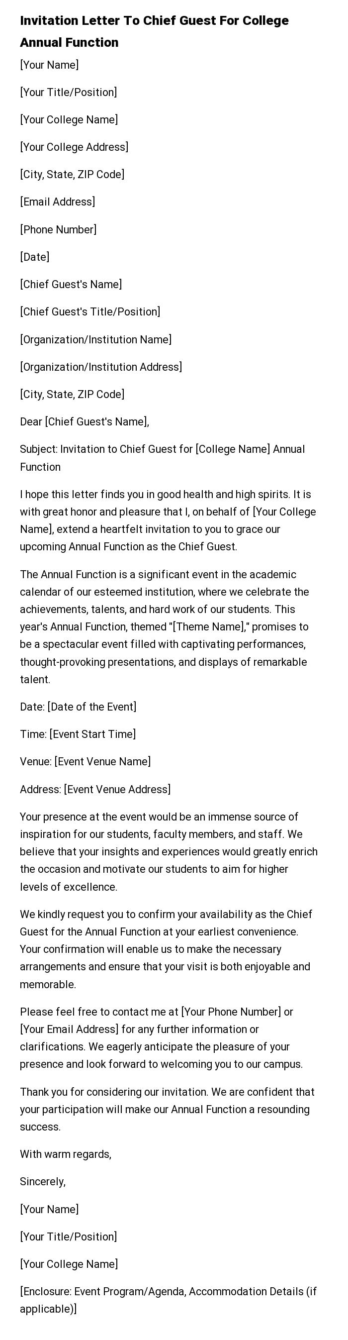 Invitation Letter To Chief Guest For College Annual Function
