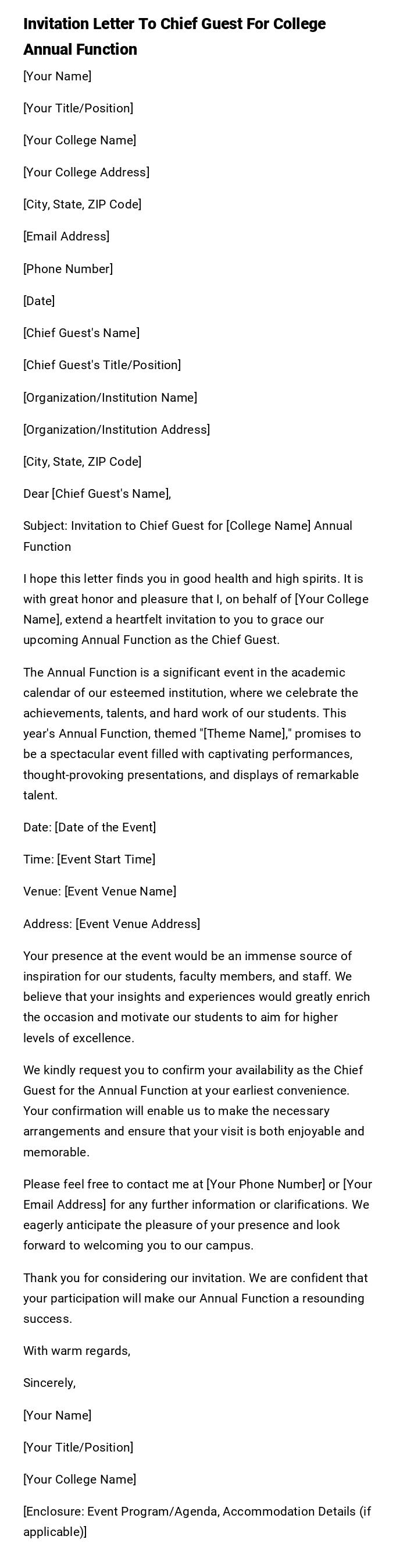 Invitation Letter To Chief Guest For College Annual Function