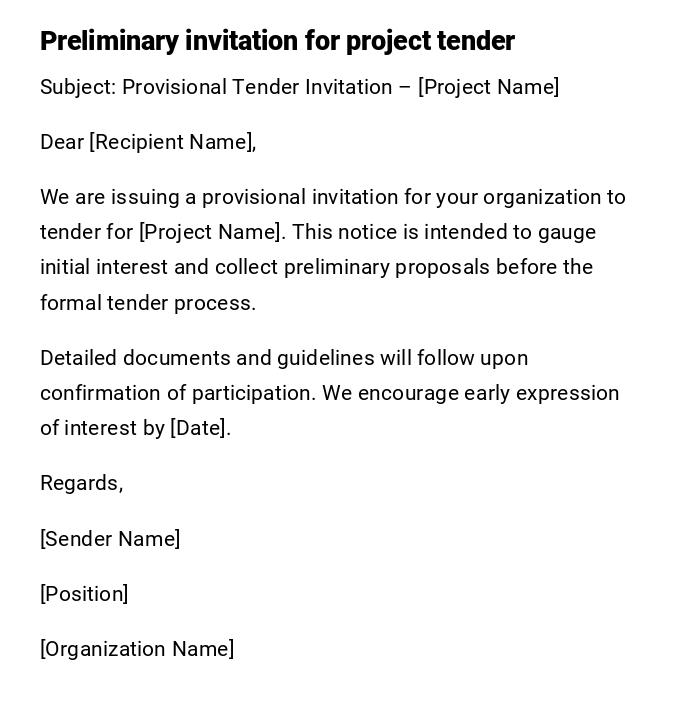 Preliminary invitation for project tender Preliminary invitation for project tender