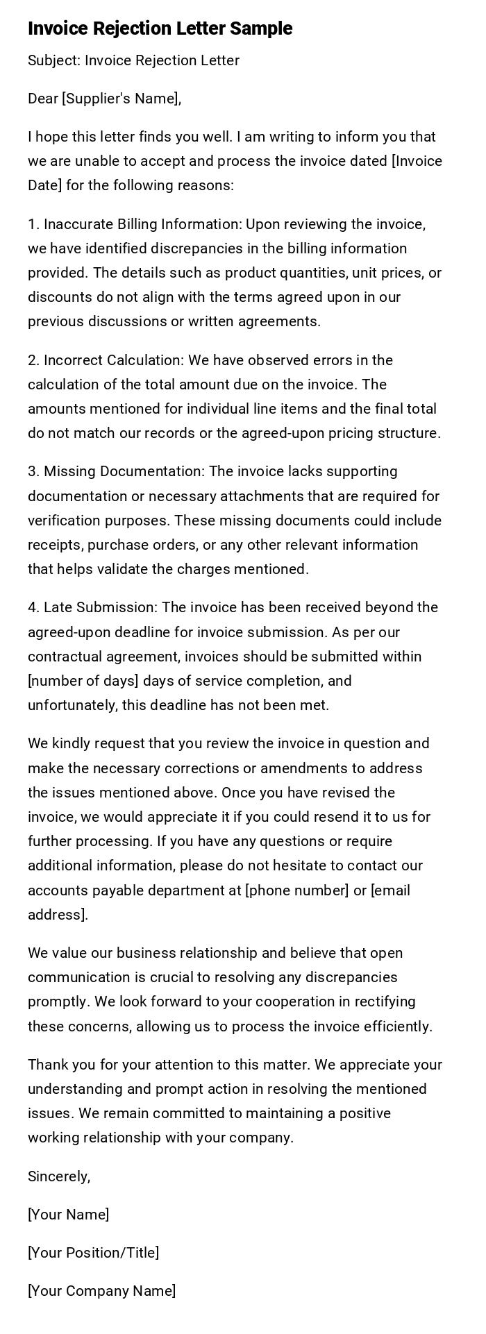 Invoice Rejection Letter Sample Invoice Rejection Letter Sample