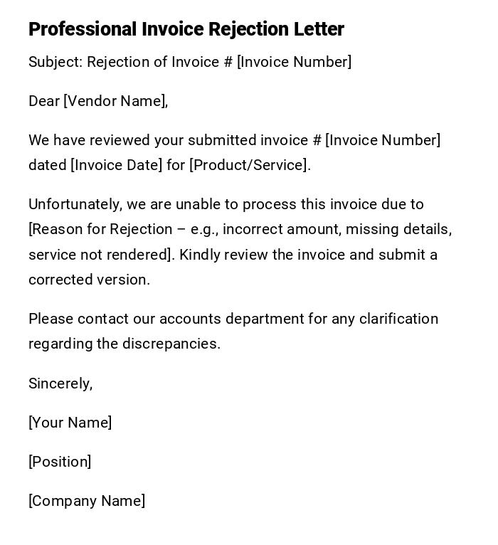 Professional Invoice Rejection Letter