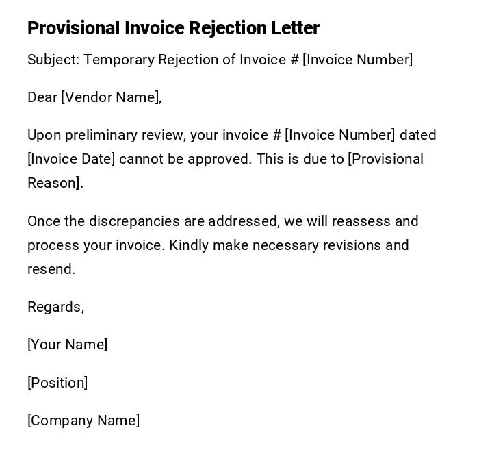 Provisional Invoice Rejection Letter