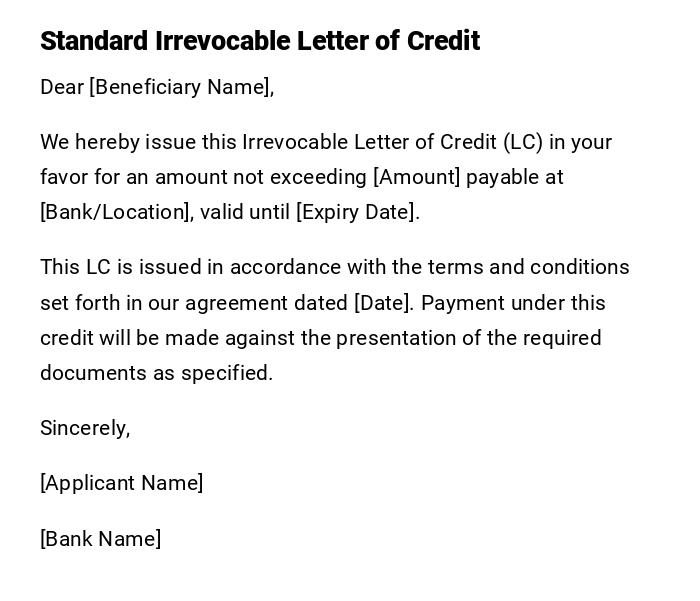 Standard Irrevocable Letter of Credit Standard Irrevocable Letter of Credit