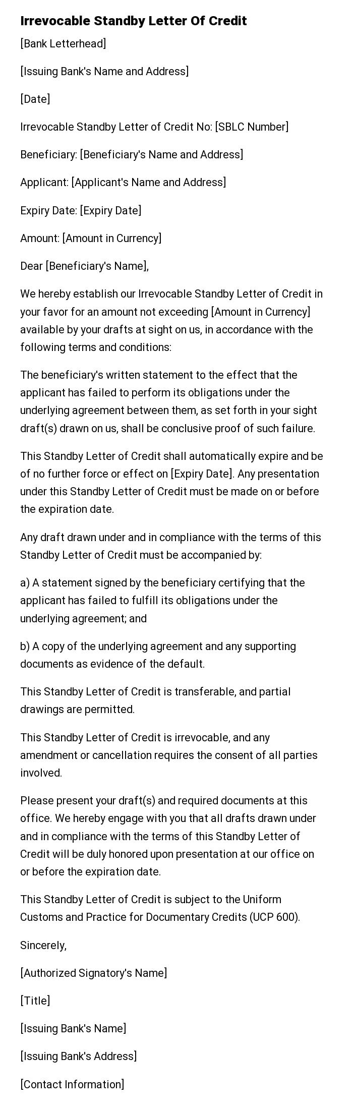 Irrevocable Standby Letter Of Credit