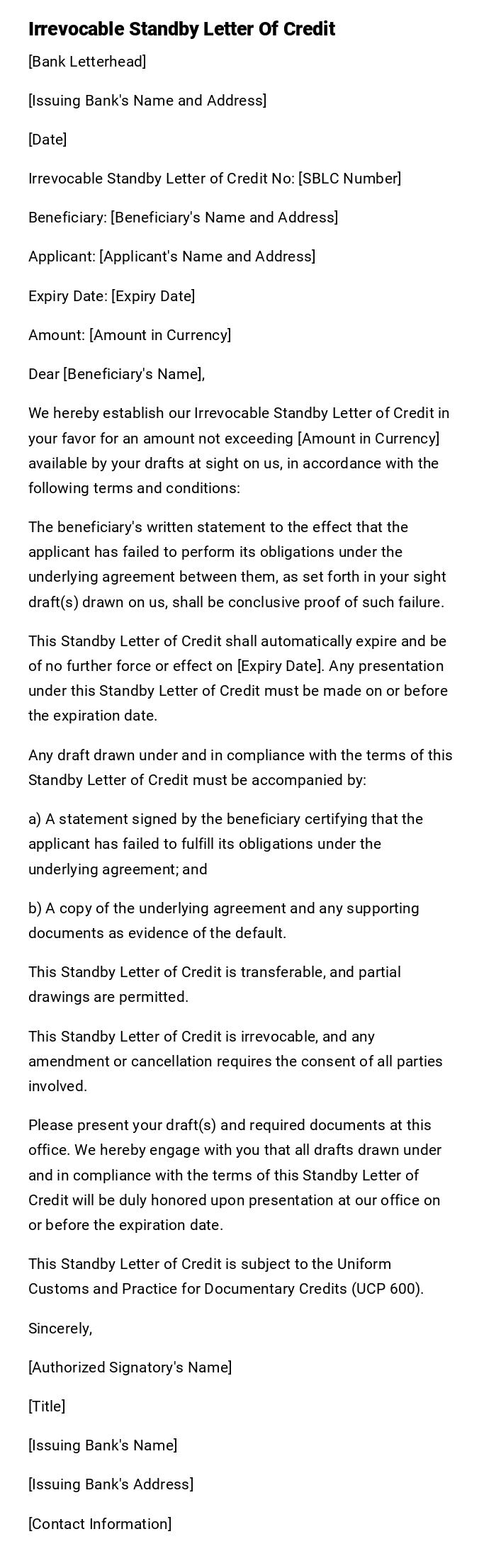 Irrevocable Standby Letter Of Credit