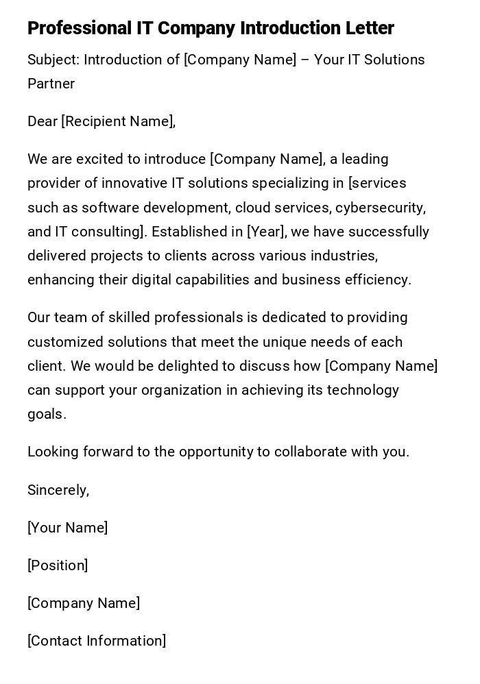 Professional IT Company Introduction Letter Professional IT Company Introduction Letter