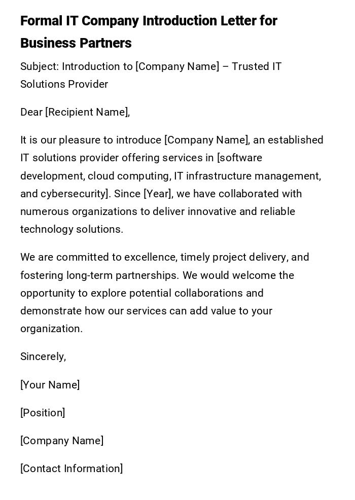 Formal IT Company Introduction Letter for Business Partners Formal IT Company Introduction Letter for Business Partners