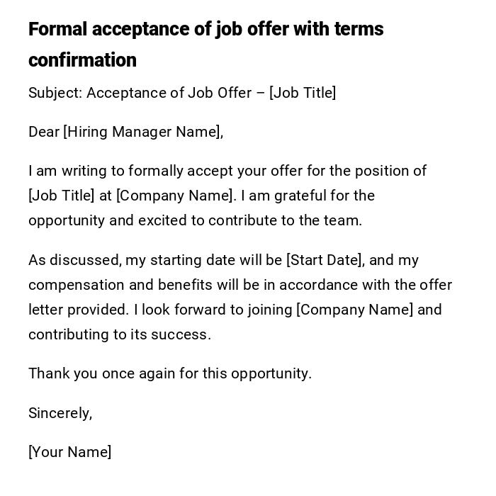 Formal acceptance of job offer with terms confirmation