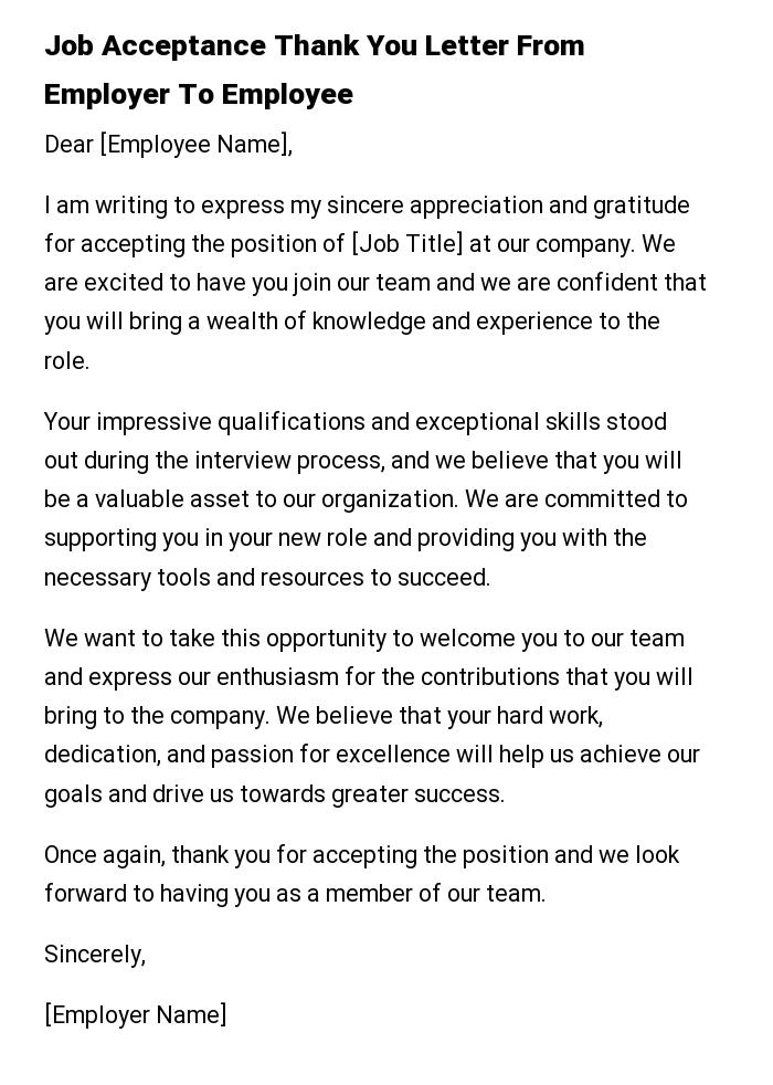 Job Acceptance Thank You Letter From Employer To Employee