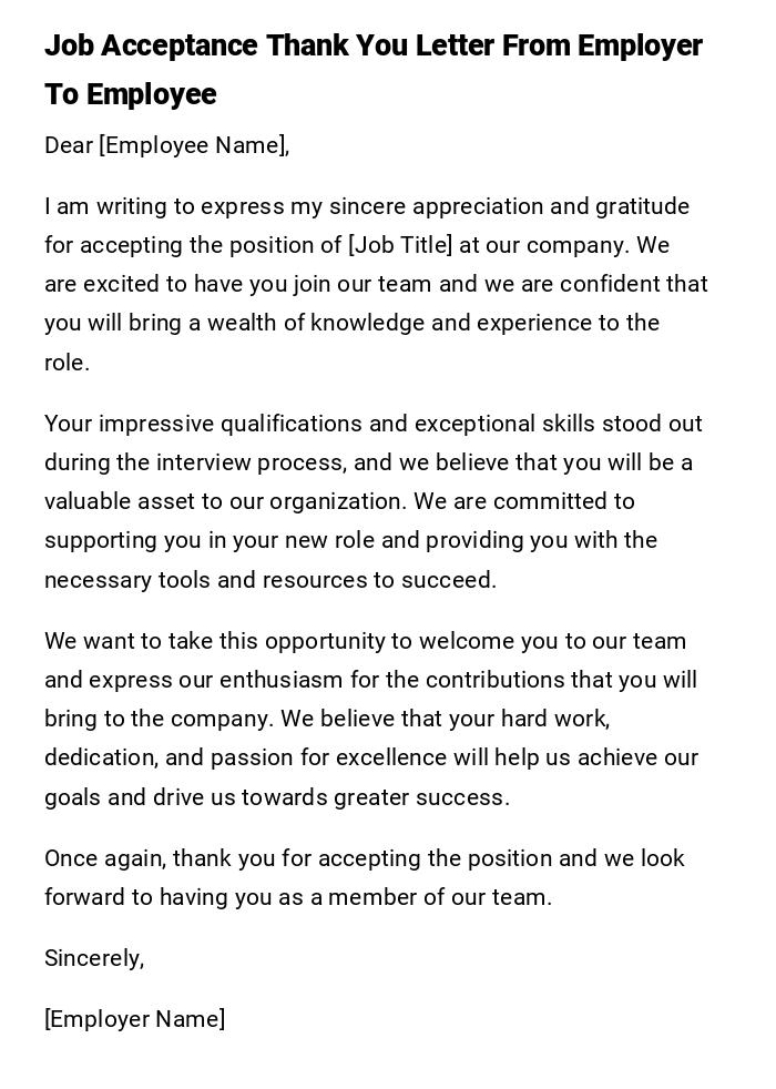 Job Acceptance Thank You Letter From Employer To Employee