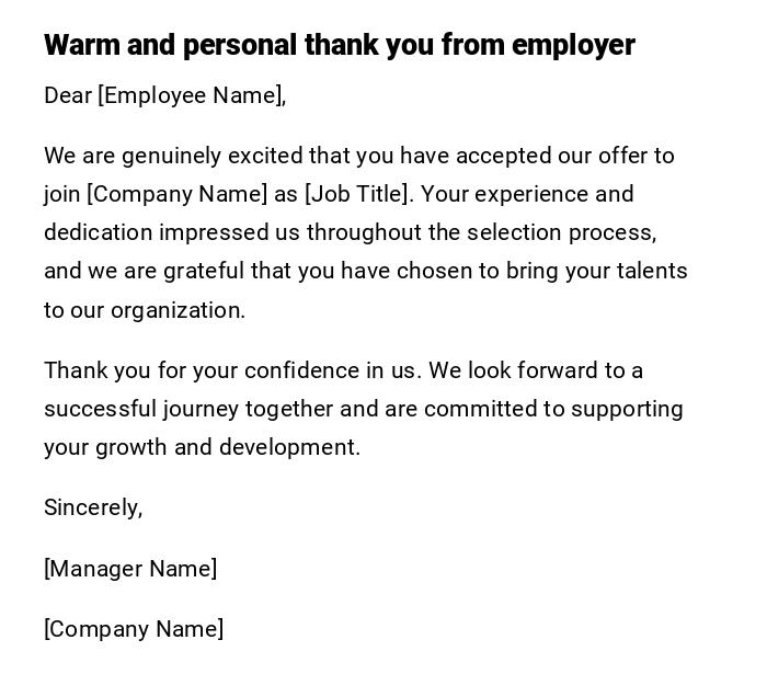 Warm and personal thank you from employer Warm and personal thank you from employer