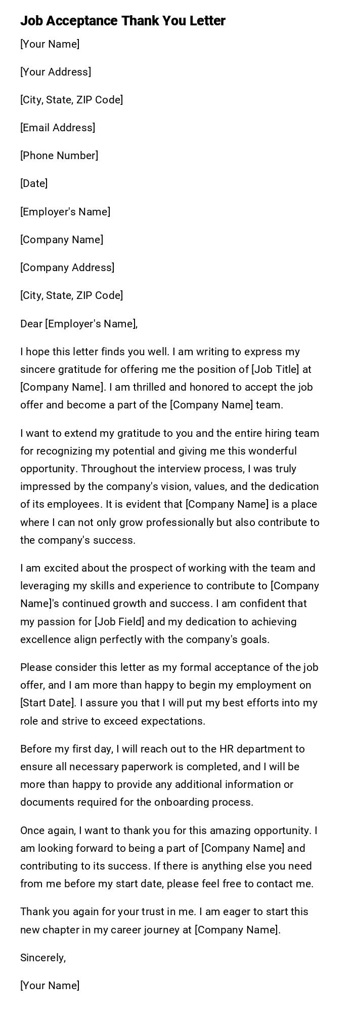 Job Acceptance Thank You Letter